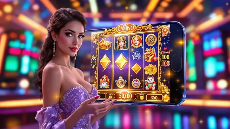 Reel slot digital dengan simbol bonus dan latar permainan